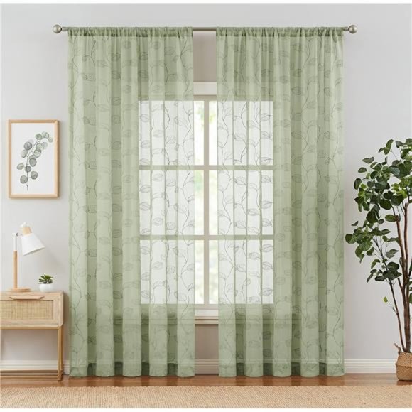 Sage Sheer Curtains Leaf Embroidered 96 Inch Long for Living Room Bedroom Rod - Picture 6 of 7